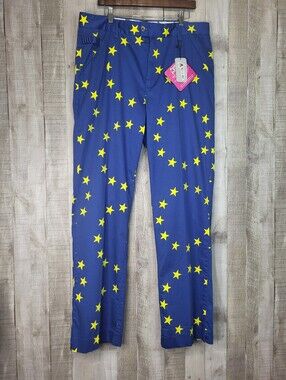 Royal & Awesome Blue Star-Print Trousers with Yellow Stars. 38/34